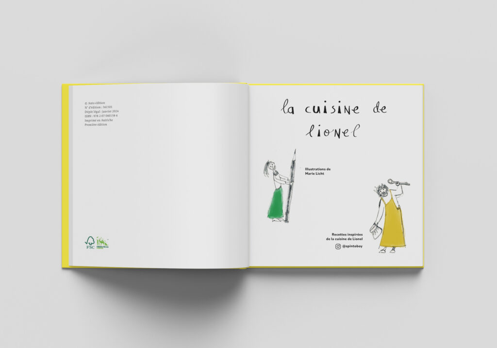 Inside pages of the yellow squared shape cook book. The cook and the graphic designer are drawn with a pencil with the title la cuisine de Lionel 