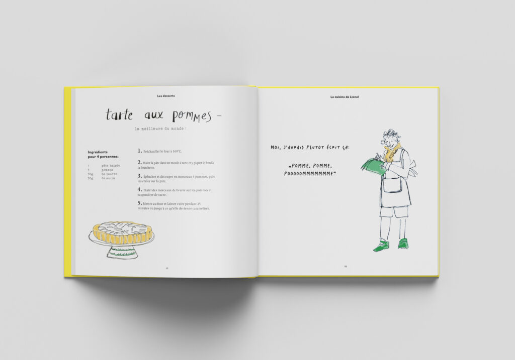 Inside pages of the yellow squared shape cook book. Bethoveen is drawn with a pencil, taking note of a recipe. The recipe tarte aux pommes is detailed with a drawing of the tarte