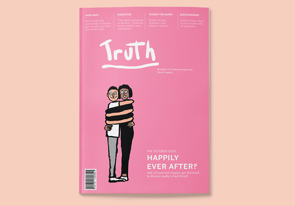 pink cover of a magazine called Truth with a couple hugging each other with very long arms