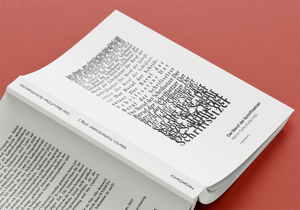 a book cover with a block full of letters from different sizes presented as a painting in a museum, with the title Der beruf der Schriftsetzer