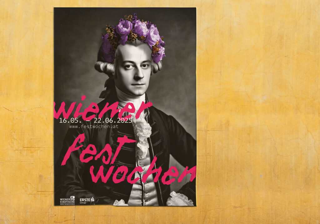 a poster advertising the festival wiener fest wochen, with an AI version of Mozart, having a crown of flowers on his head