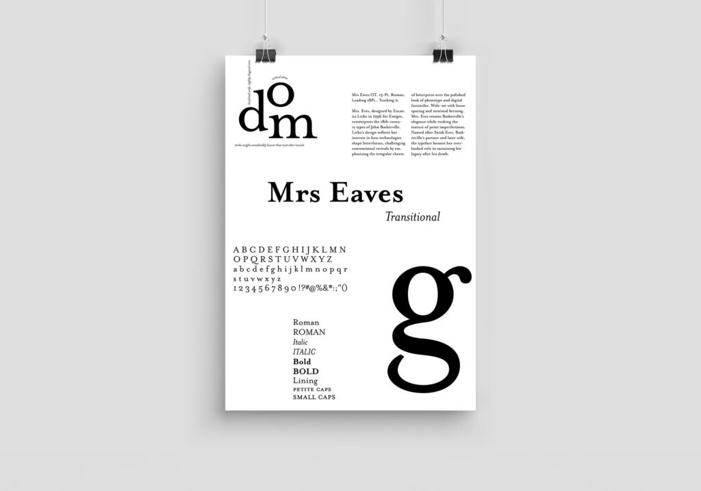 poster presenting in details, with letters, the typeface "Mrs Eaves"