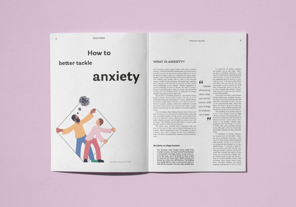 double page of the inside of the magazine with an illustration of two men under a grey cloud. The title of the article is how to better tackle anxiety