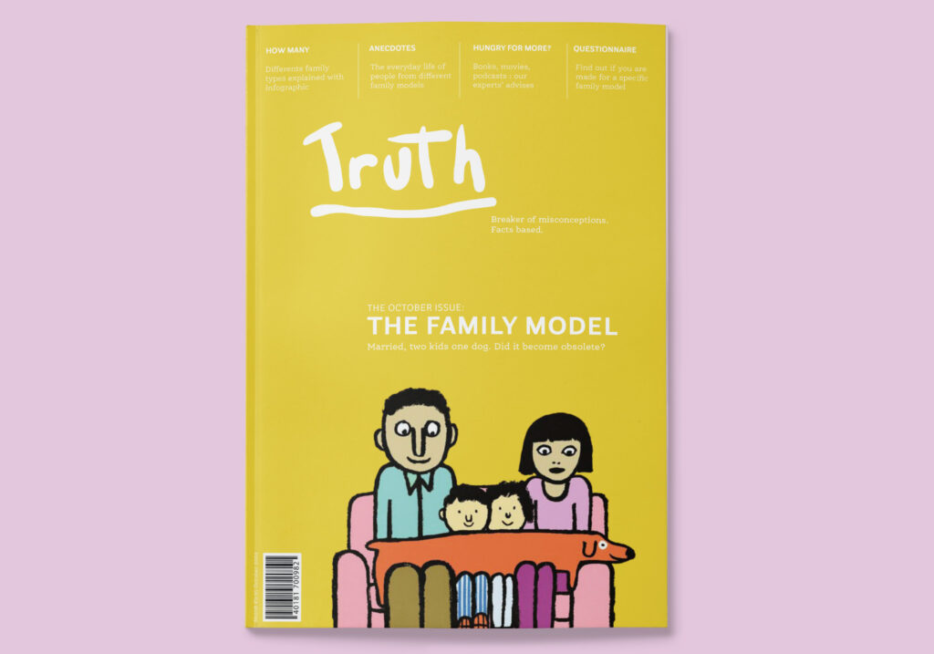 yellow cover of a magazine called Truth with a family of two parents and two kids on a sofa with a dog