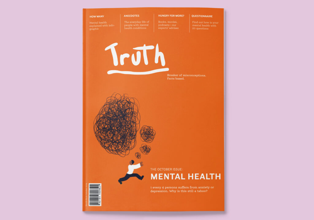 orange cover of a magazine called Truth with a man running away of a grey cloud