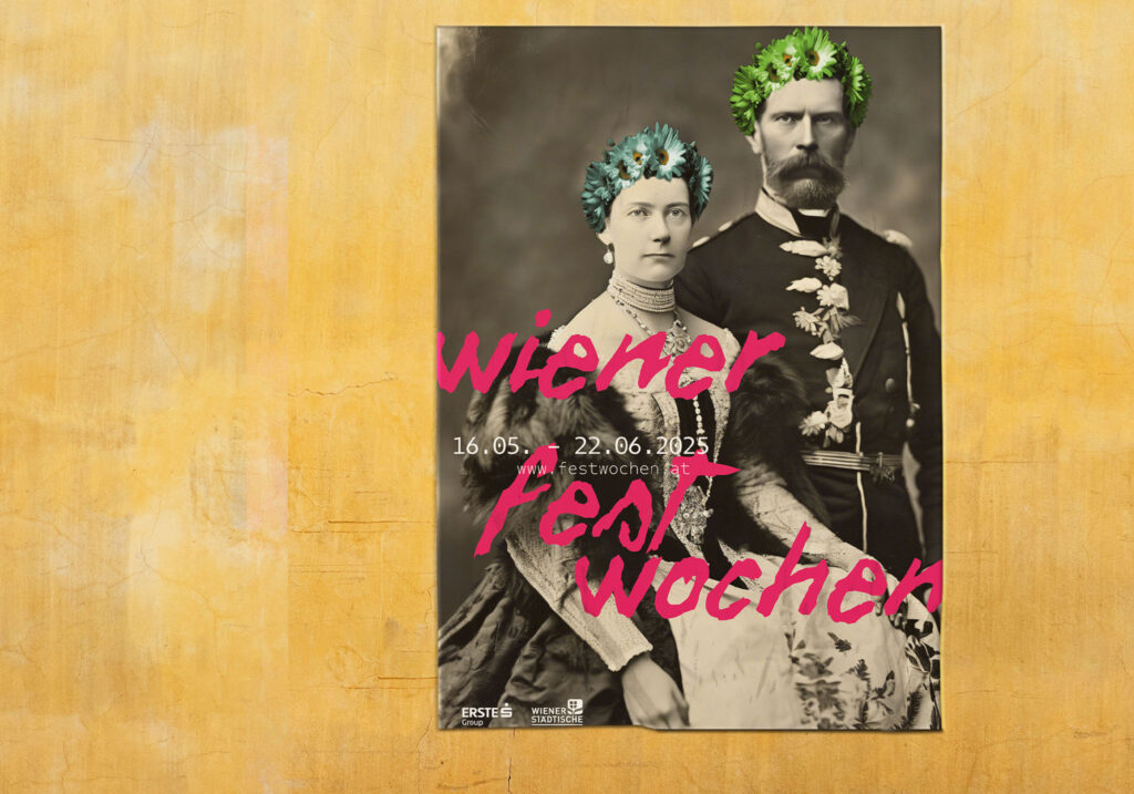 a poster advertising the festival wiener fest wochen, with an AI version of Sissi and Franz, having a crown of flowers on their heads