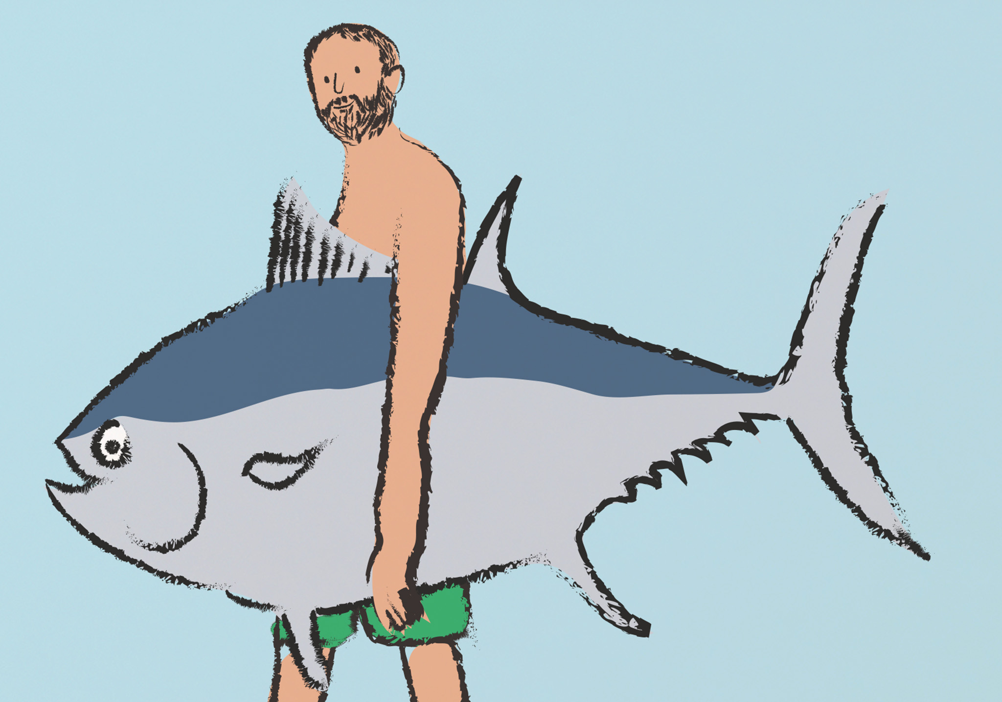 close up of a poster with an illustration of a man and a big tuna fish