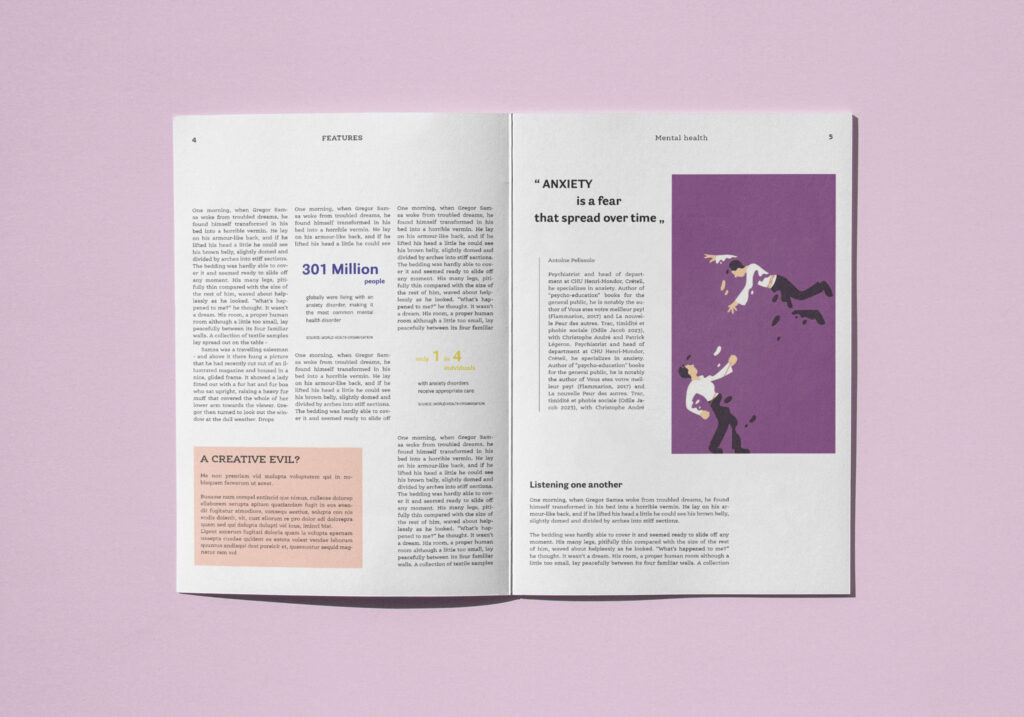 double page with columns on the anxiety topic, with a purple illustration of a man seeing its clone disappearing 