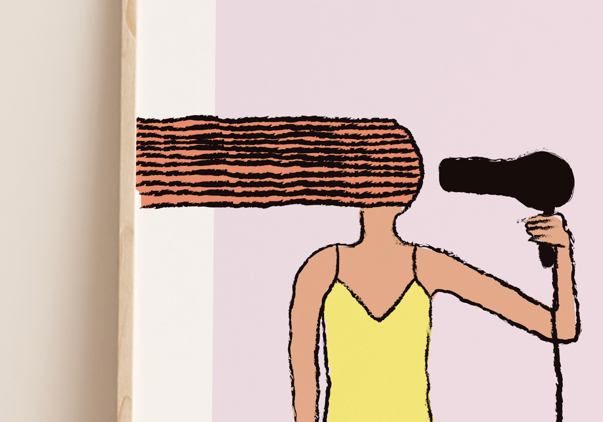 close up poster of an illustration of a red hair woman and a hairdryer