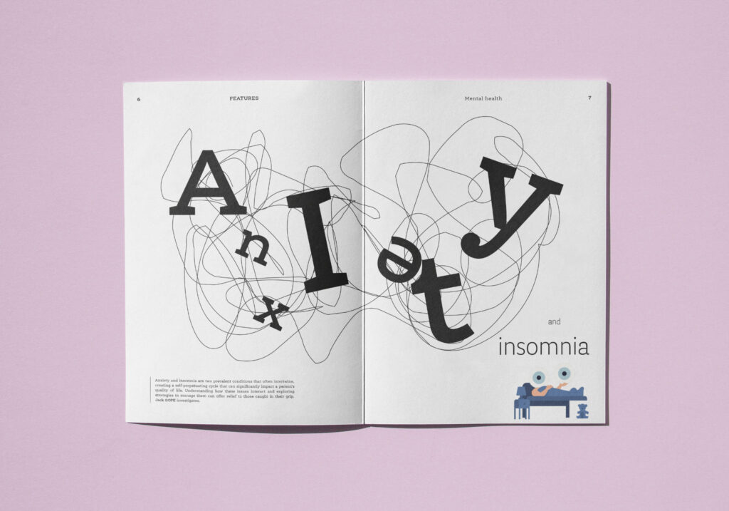 double page with big letters of anxiety in a black cloud with a small bed with big yes under the title insomnia 