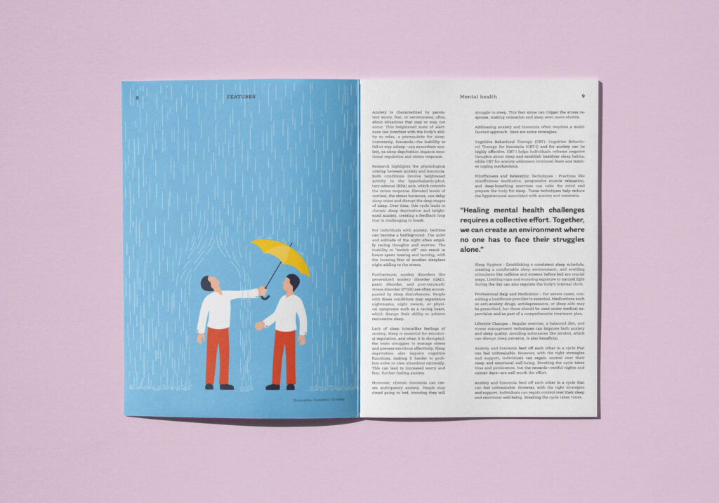 double page with on the left an illustration of two men in the rain, one holding the umbrella on the head of the other. On the right page we see a two columns article