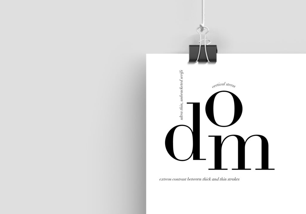 a close up of the letters d o and m, with their most distinctive characters, enlarged and annotated to reveal their unique details.