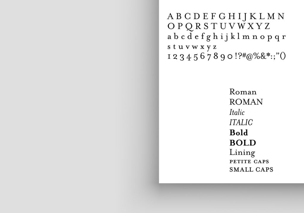 a close up of the Complete Character Set and Style – Display letters, key glyphs and punctuation, as well as the different font styles