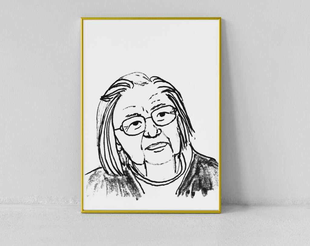 Portrait of Ostrom with dip ink pen