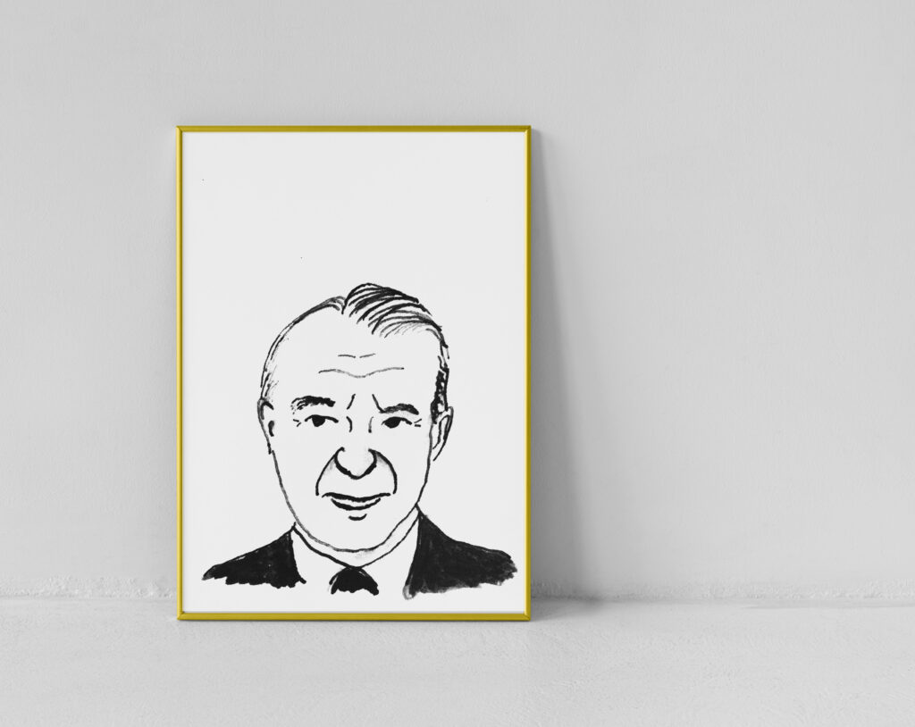 Portrait of Leontief with dip ink pen