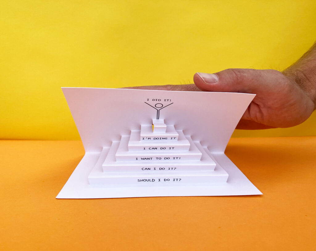 photo of a half opened card with 3D steps, with on each step a motivational speech to get on the top of the stairs. A happy man is drawn on the top of the last step 