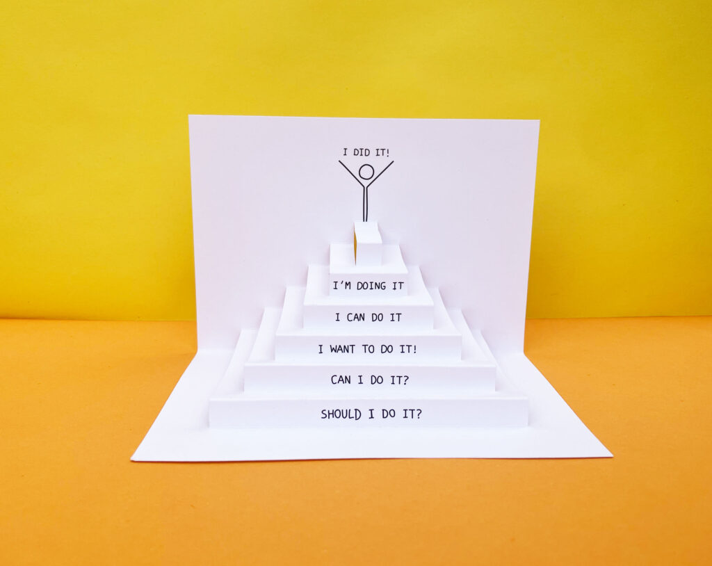 photo of an opened card with 3D steps, with on each step a motivational speech to get on the top of the stairs. A happy man is drawn on the top of the last step 