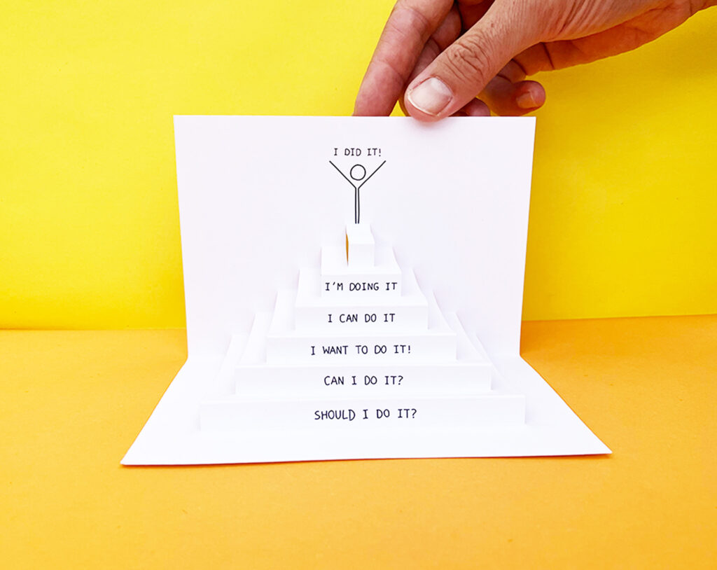 photo of an opened card with 3D steps, with on each step a motivational speech to get on the top of the stairs. A happy man is drawn on the top of the last step 