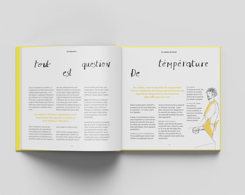 double page with a write up on Tout est question de temperature, with a pencil drawn cook