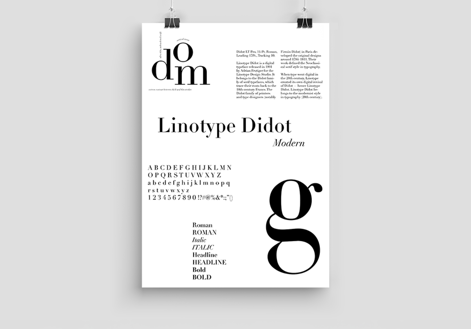 poster presenting in details, with letters, the typeface "linotype Dido"