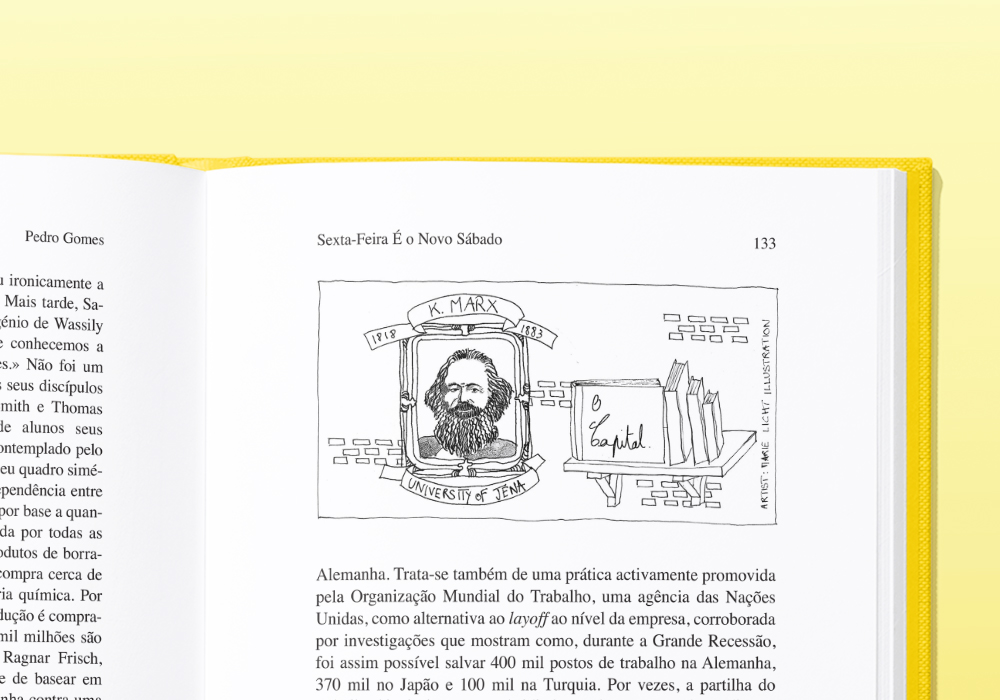 close up of a book with an illustration with dip ink pen of Marx 