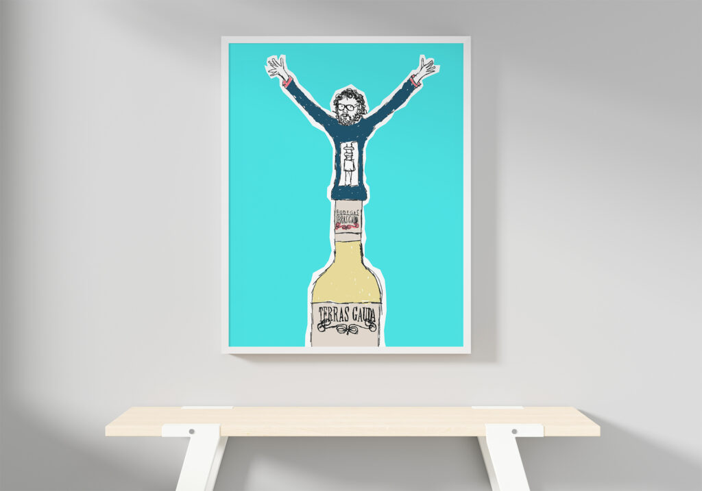 a poster with a pencil drawn man on a wine bottle, with vivid colors, for the wine make Terras Gauda