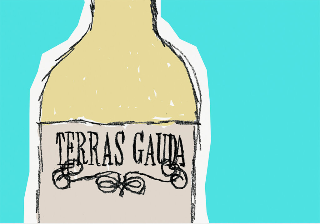 a close up of a poster with a pencil drawn logo Terras Gauda on a wine bottle, with vivid colors (yellow and blue), for the wine make Terras Gauda
