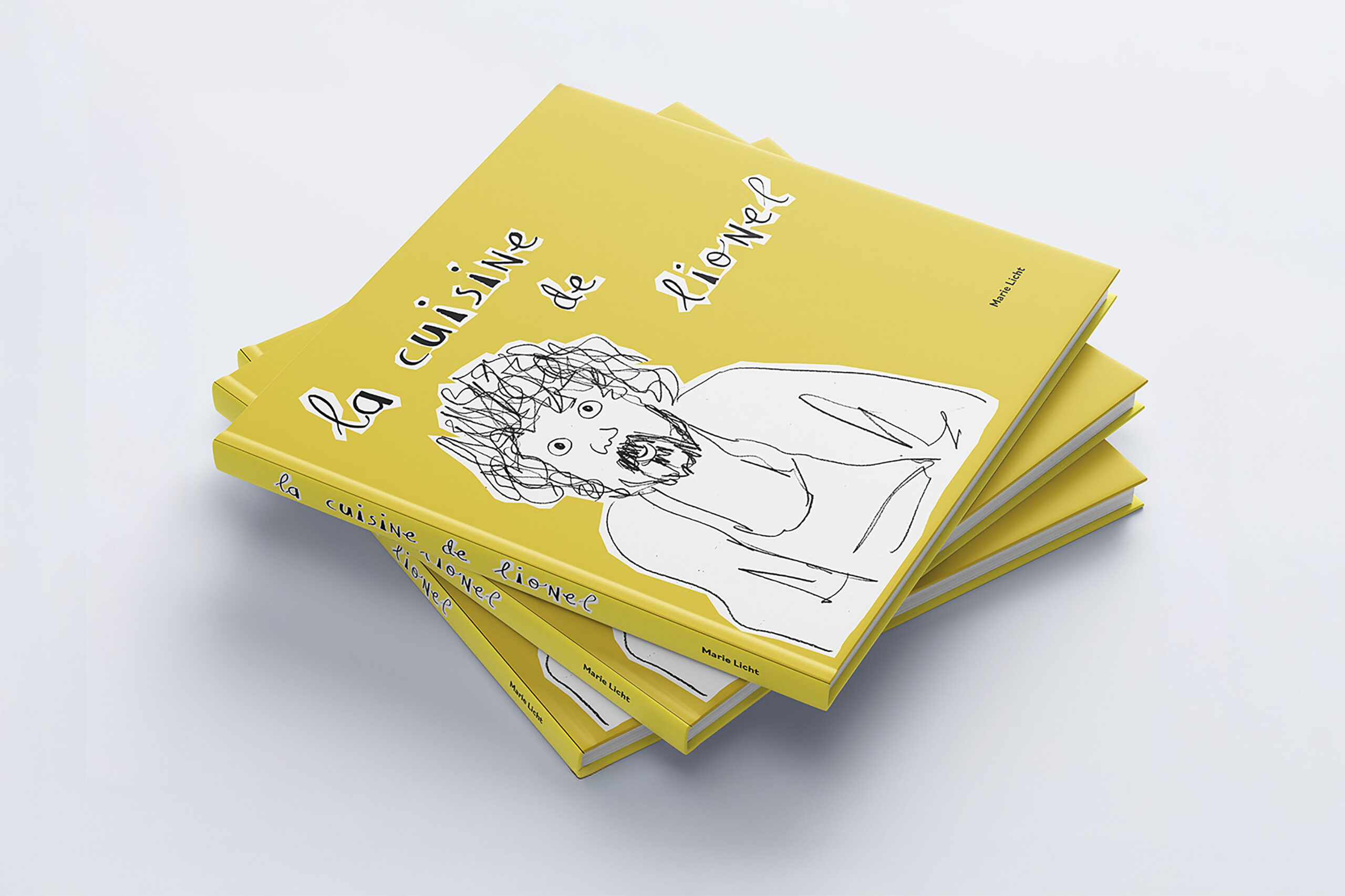 a yellow squared shape cook book with a pencil drawn portrait of the cook and the title la cuisine de lionel