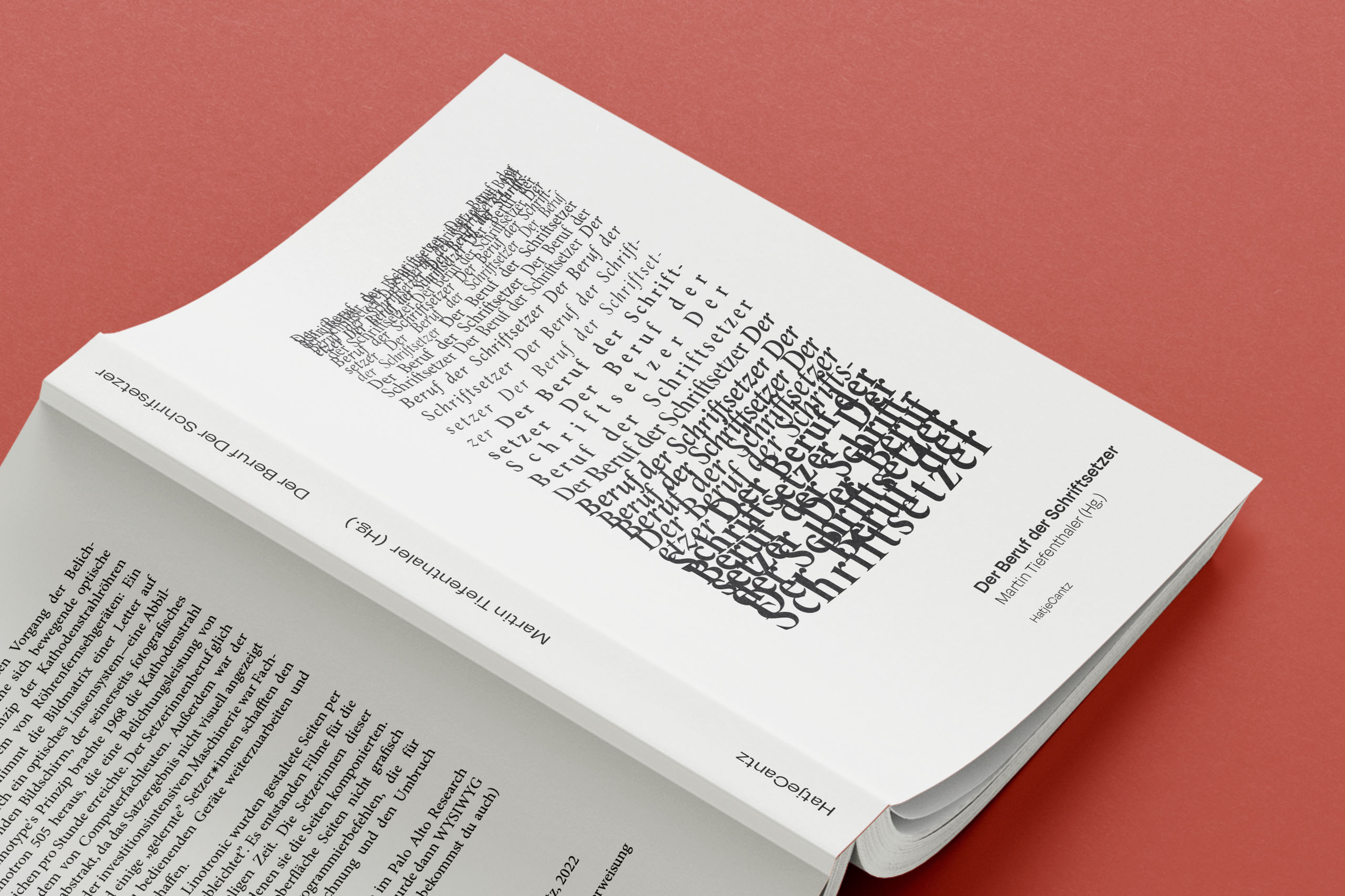 a book cover with a block full of letters from different sizes presented as a painting in a museum, with the title Der beruf der Schriftsetzer