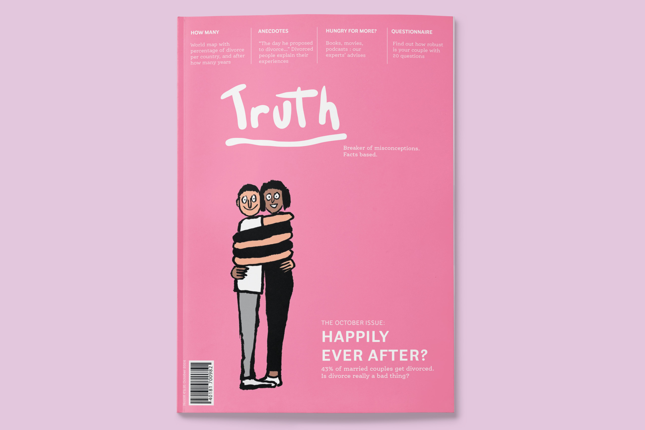 pink cover of a magazine called Truth with a couple hugging each other with very long arms
