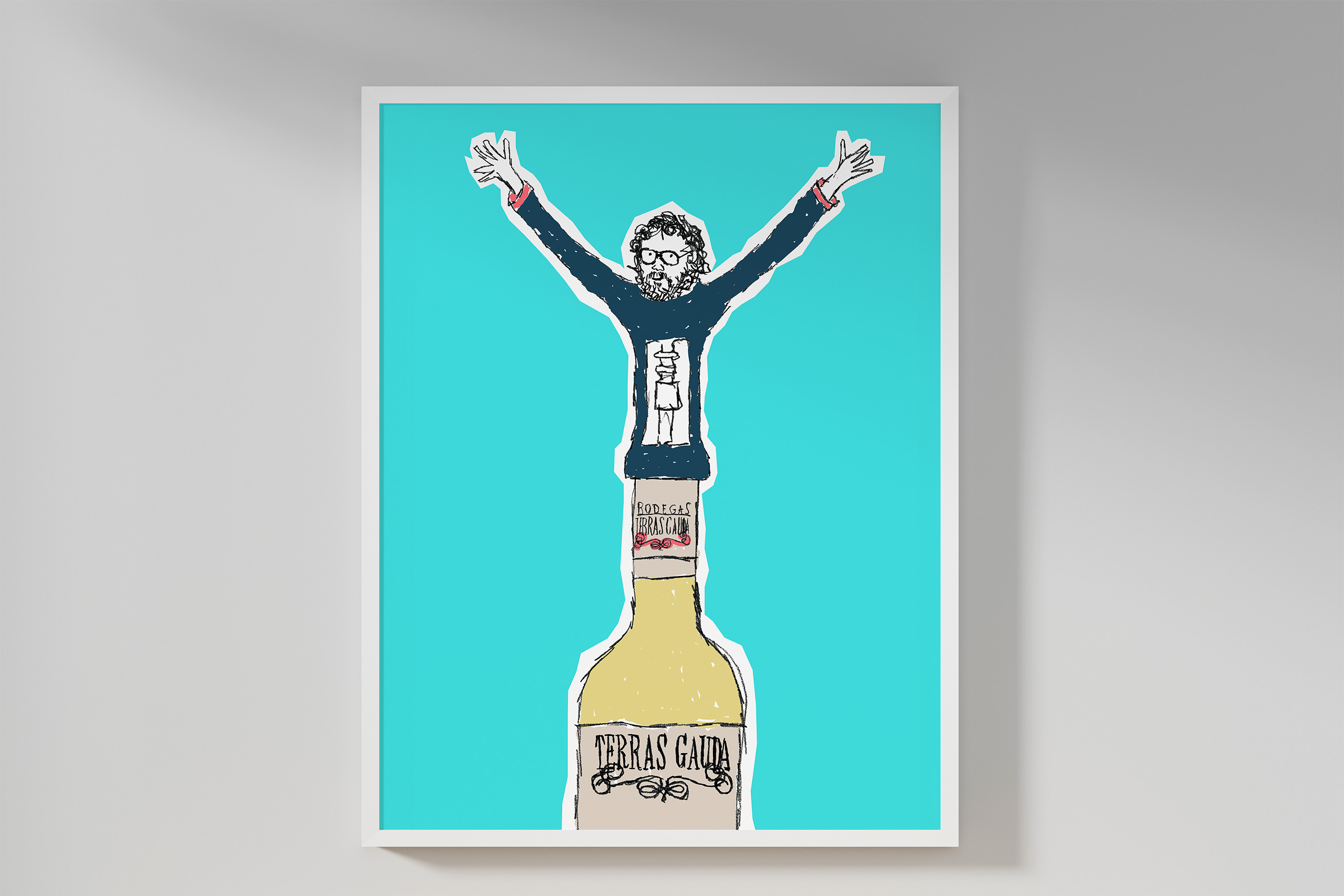a poster with a pencil drawn man on a wine bottle, with vivid colors, for the wine make Terras Gauda