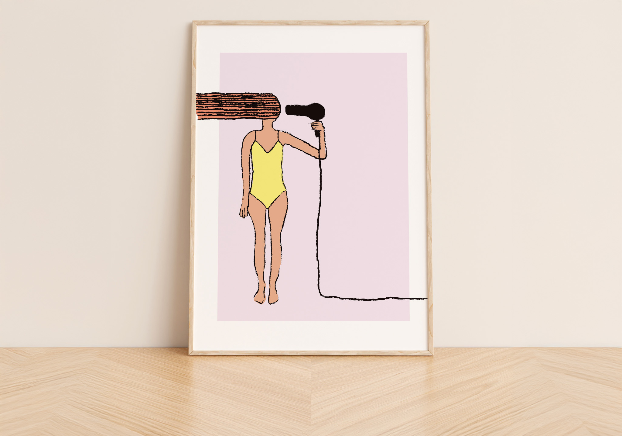 poster with an illustration of a red hair woman and a hairdryer