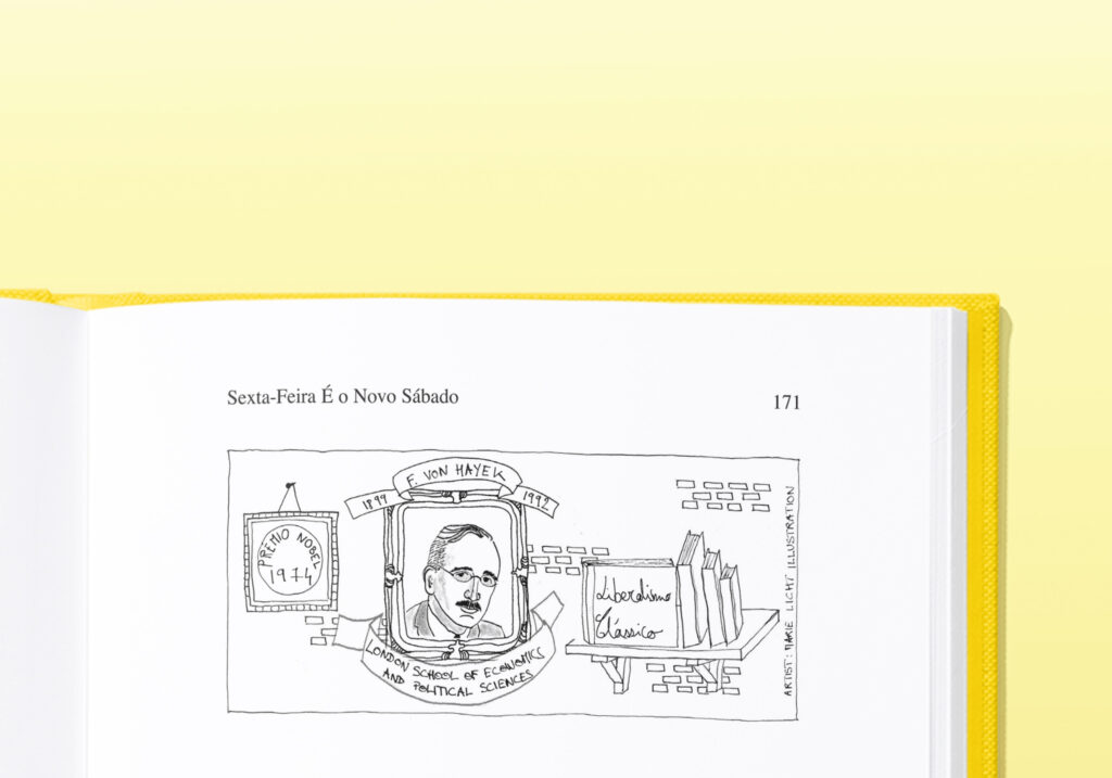 close up of a book with an illustration with dip ink pen of Hayek 