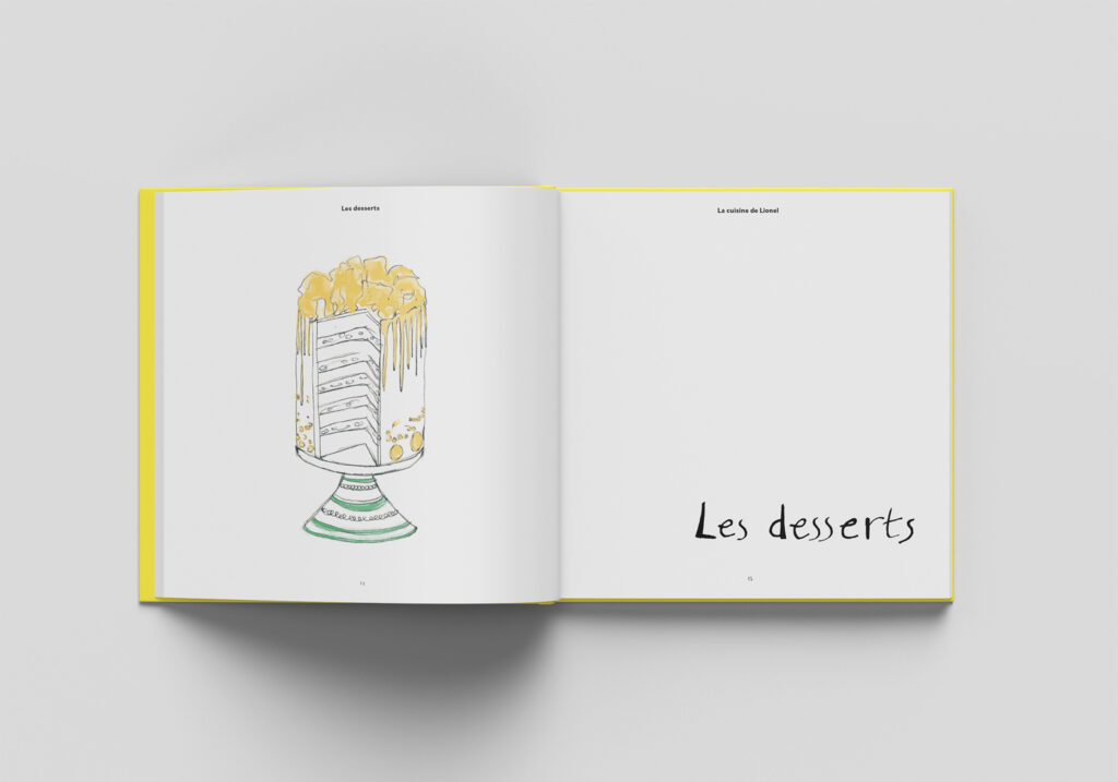 double page announcing the chapter of the desserts with a hand drawn cake and a hand drawn title les desserts 