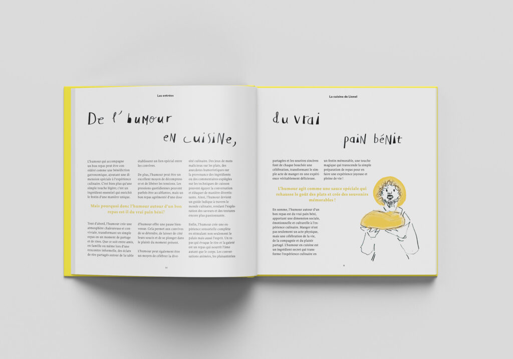 double page with a write up on de l humour en cuisine, du vrai pain benit, with a pencil drawn cook