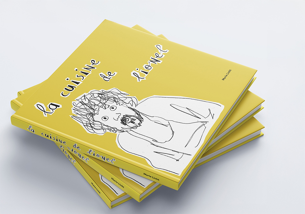 a yellow squared shape cook book with a pencil drawn portrait of the cook and the title la cuisine de lionel