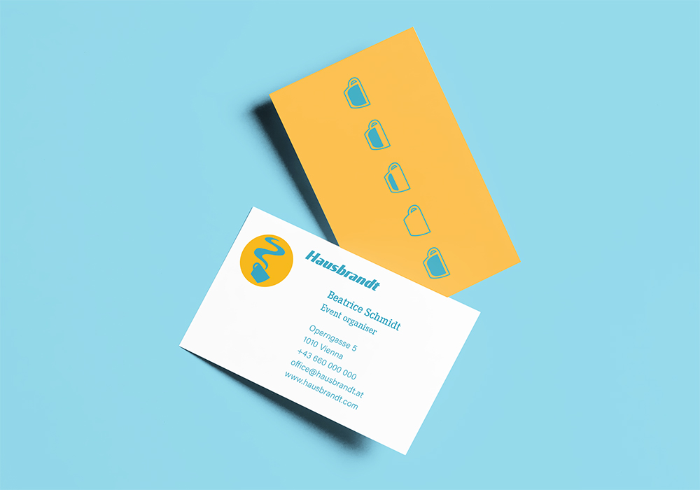 a business card for Hausbrandt, orange, turquoise and blue with a coffee cup as logo