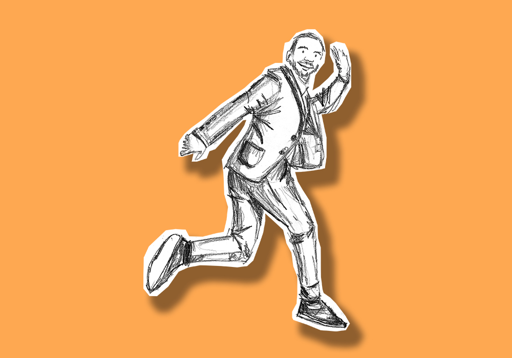 a pencil drawn man running and waving 