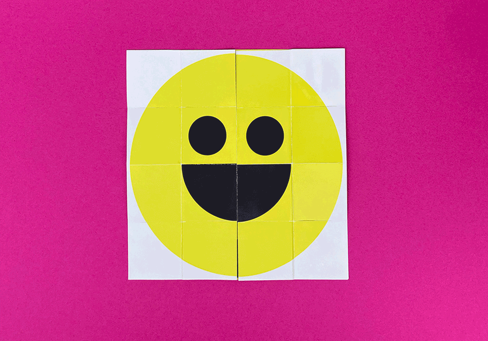 a serie of 4 photos presenting a smiley (happy and unhappy) and question mark