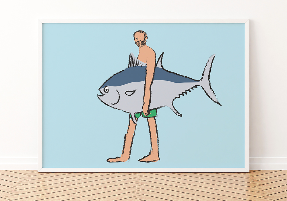 poster with an illustration of a man and a big tuna fish