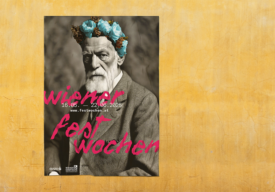 a poster advertising the festival wiener fest wochen, with an AI version of Freud, having a crown of flowers on his head
